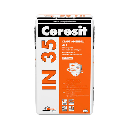 Шпатлевка Ceresit IN 35 гипсовая старт/финиш. Белая, 15кг. РБ
